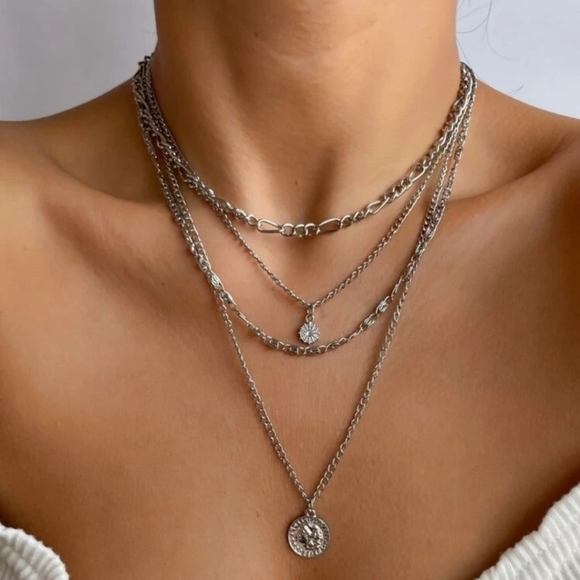 Silver chain Layered Necklace coin pendant statement boho Jewelry 💖2/$30 - Picture 14 of 15